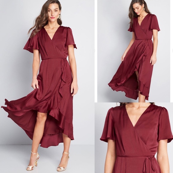 ModCloth Wine/Maroon Wrap Dress Size XXS 00/0 Gorgeous Ruffled Hem - Picture 1 of 13